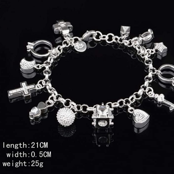 925 Sterling Silver Charm Bracelet 13 Charms NWT 7in - Picture 2 of 5